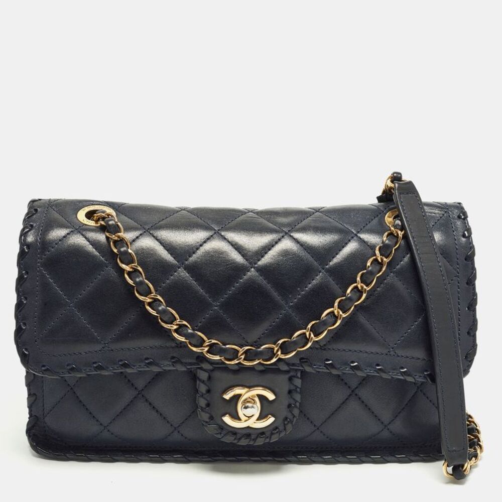 Chanel Happy Stitch Flap Navy Blue Quilted Leather Bag